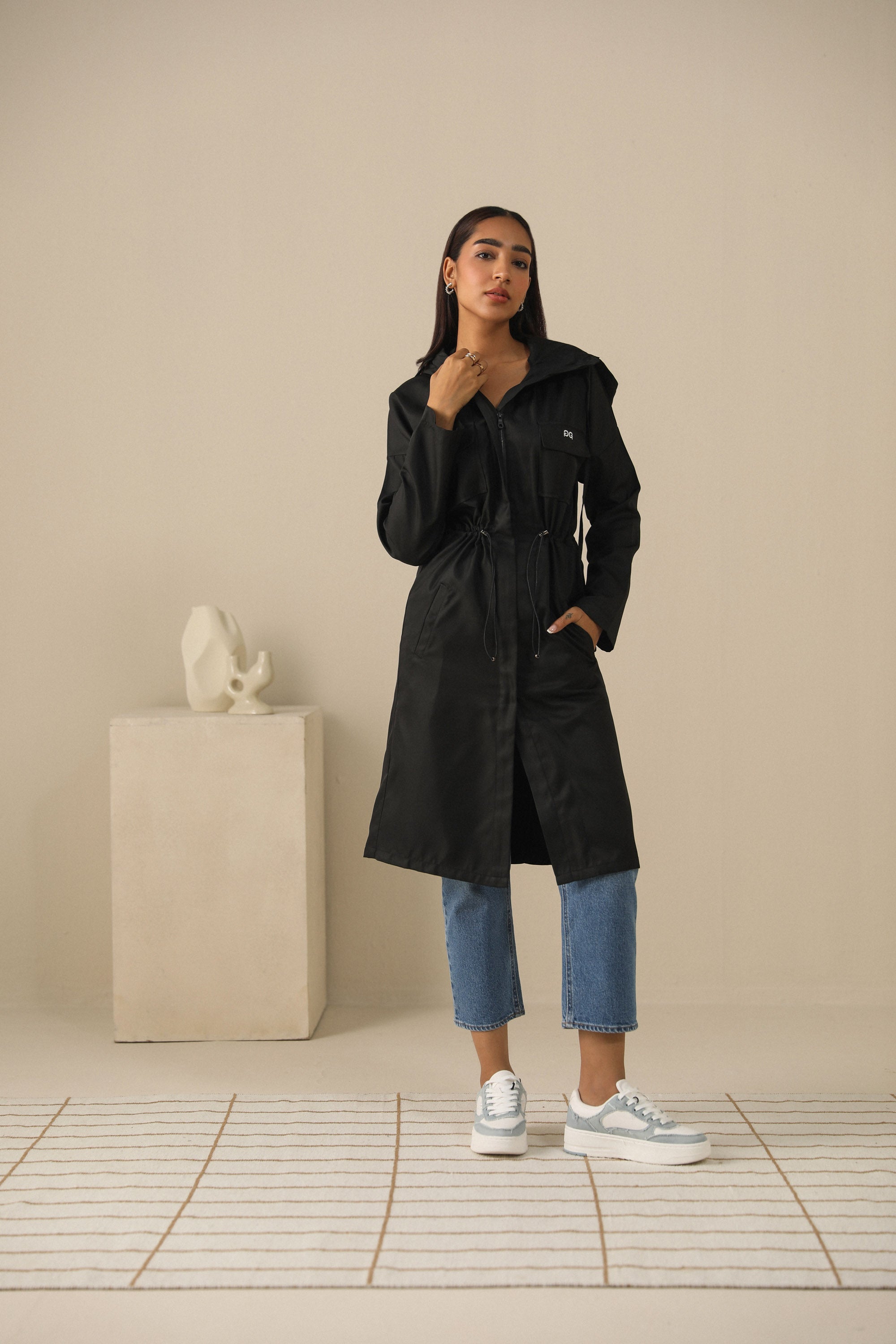 Stylish Black Recycled Polyester Raincoat Free Shipping Long Fit